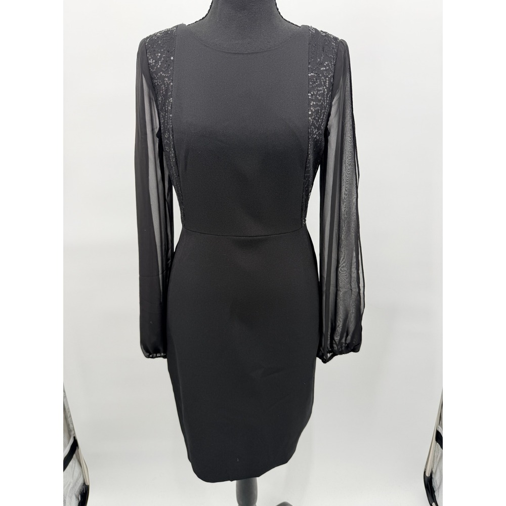White House Black Market Sheath Dress Women 12 Black Sequin Mesh Sleeve